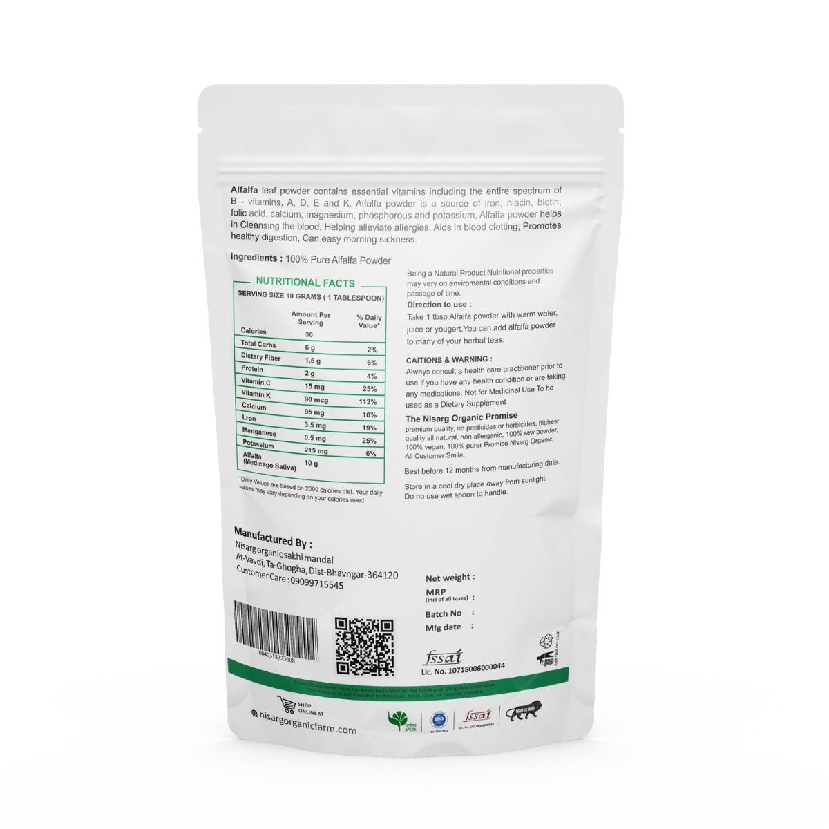 Organic Alfalfa Leaf Powder 100g | Nisarg Organic Farm