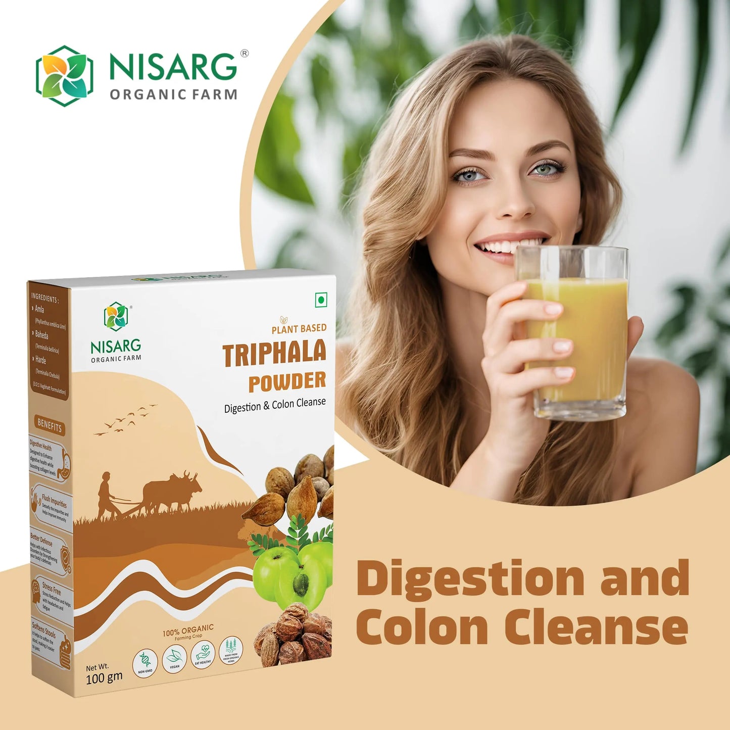Organic Triphala Powder – For Digestion | Glowing Skin | Weight Loss 100g | Nisarg Organic Farm