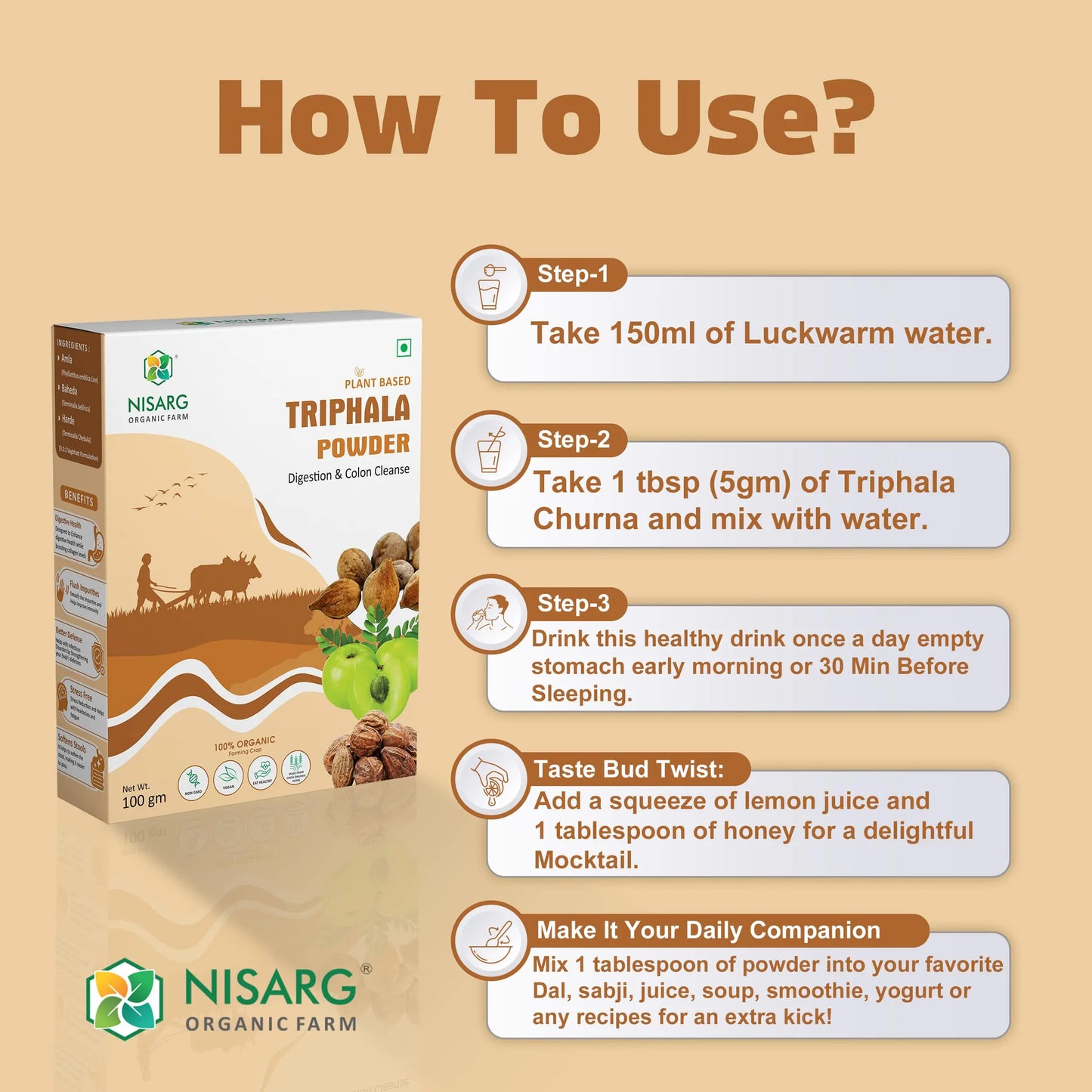 Organic Triphala Powder – For Digestion | Glowing Skin | Weight Loss 100g | Nisarg Organic Farm