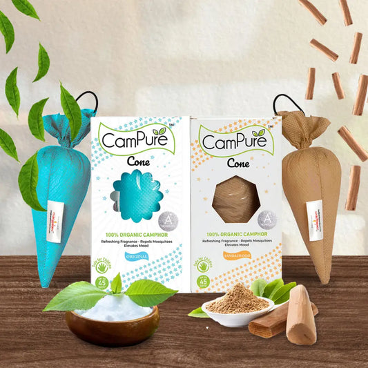 Mangalam CamPure Camphor Cone (1 Original & 1 Sandalwood) Pack Of 2 - Room Car and Air Freshener & Mosquito Repellent