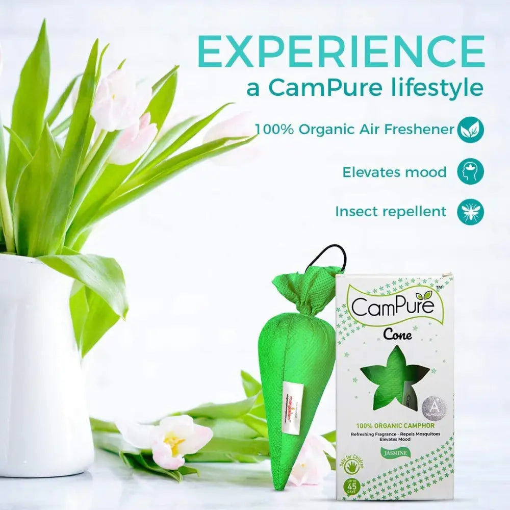 Mangalam CamPure Camphor Cone (Jasmine) Pack Of 2 - Room Car and Air Freshener & Mosquito Repellent - Home Care
