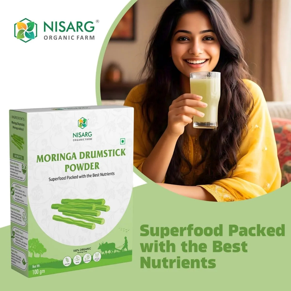 Organic Moringa Drumstick Powder | 100% Naturalc 100g | Nisarg Organic Farm