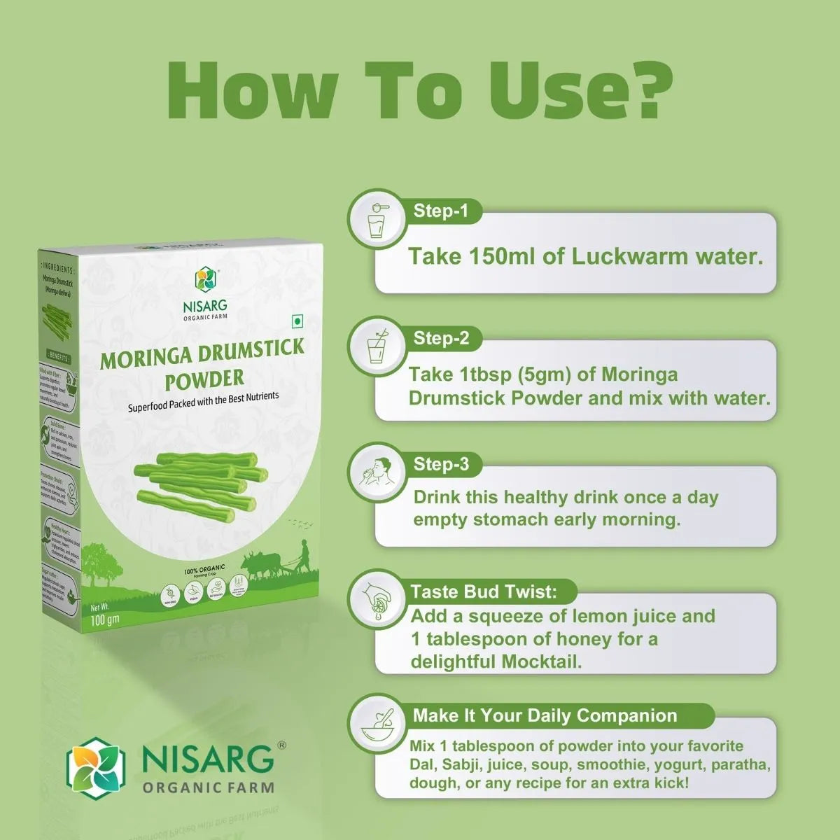 Organic Moringa Drumstick Powder | 100% Naturalc 100g | Nisarg Organic Farm