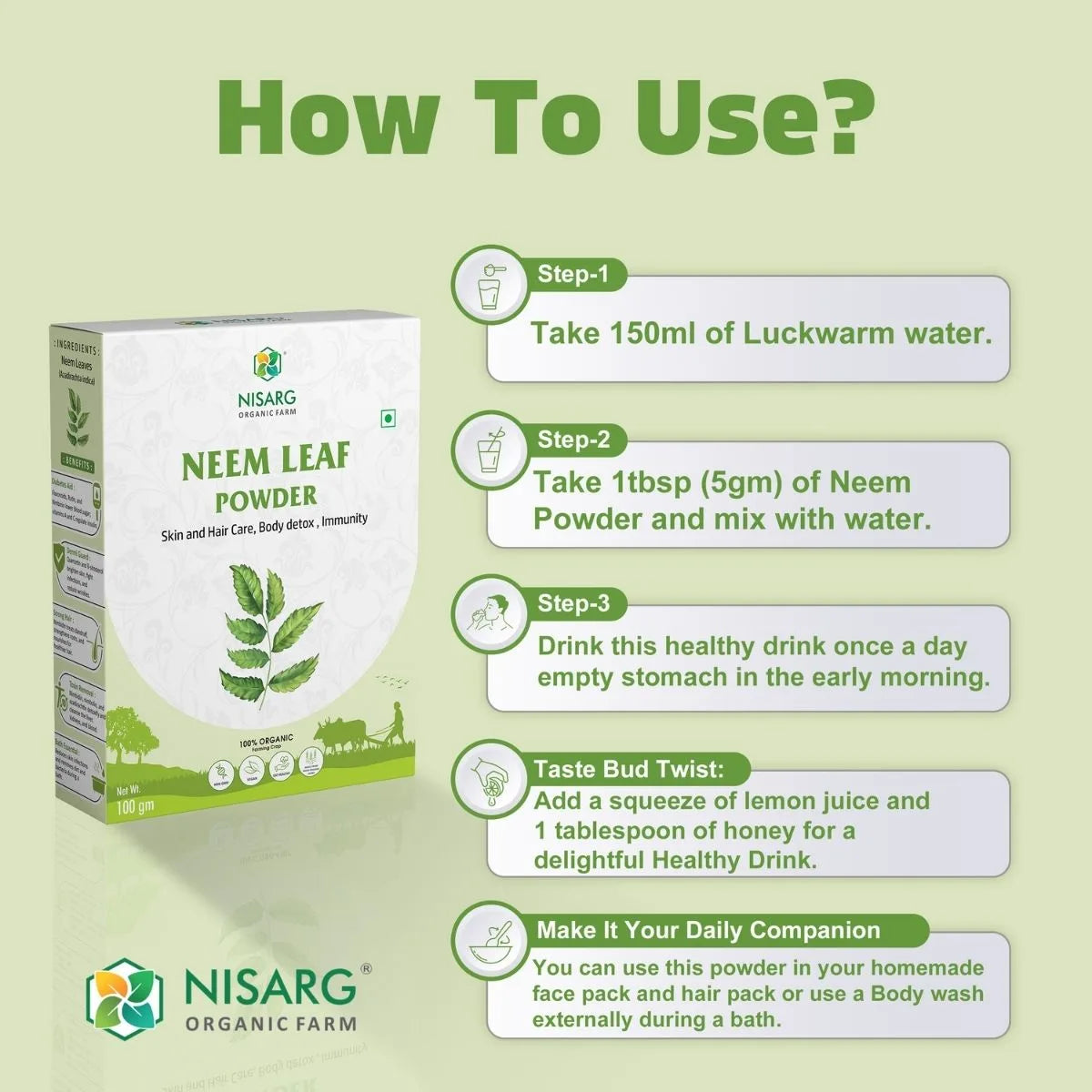 Organic Neem Leaf Powder | Neem Powder For Skin 100g | Nisarg Organic Farm